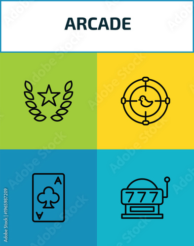 arcade outline icon set. 4 linear vector for ui, web and mobile. thin line glory, shoot duck, ace of clubs, slot hine icons.