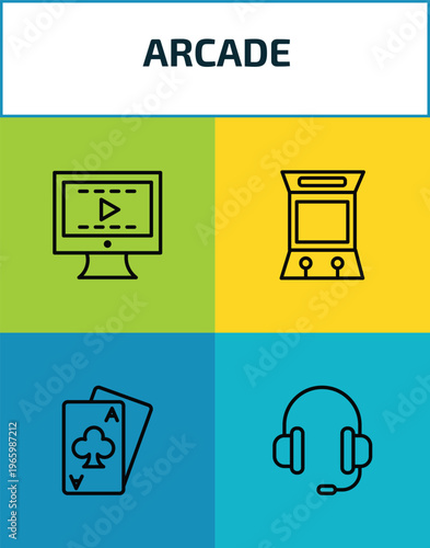 arcade outline icon set. 4 linear vector for ui, web and mobile. thin line video editing, arcade hine, card game, earphone icons.
