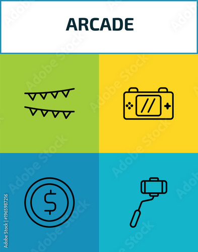 arcade outline icon set. 4 linear vector for ui, web and mobile. thin line festival, handheld game, token, selfie stick icons.