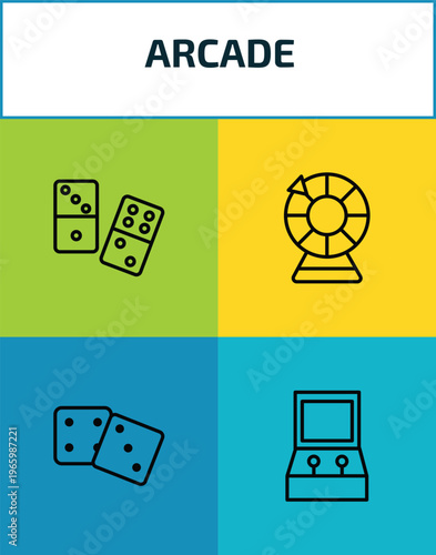 arcade outline icon set. 4 linear vector for ui, web and mobile. thin line domino, lottery game, board games, game hine icons.