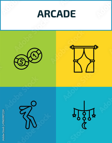 arcade outline icon set. 4 linear vector for ui, web and mobile. thin line billiards, curtain stage, jump, childhood icons.