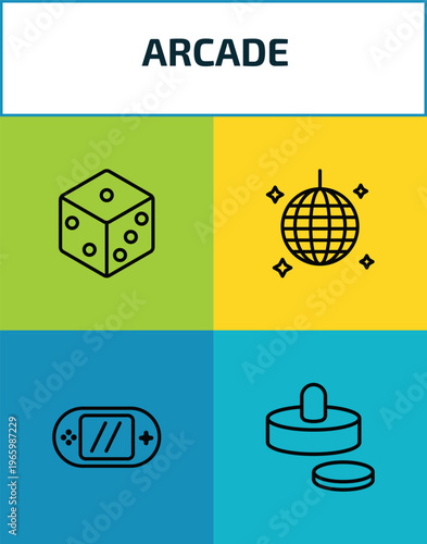 arcade outline icon set. 4 linear vector for ui, web and mobile. thin line dice, nightclub, video console, air hockey icons.