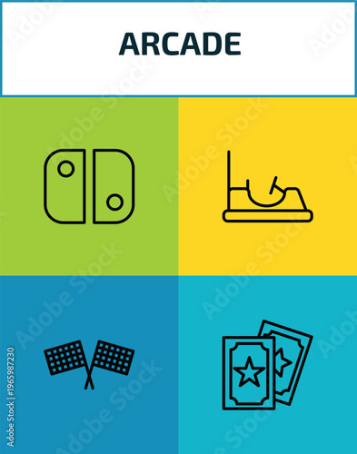 arcade outline icon set. 4 linear vector for ui, web and mobile. thin line switch, bumper car, racing, magic cards icons.