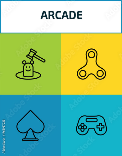 arcade outline icon set. 4 linear vector for ui, web and mobile. thin line whack a mole, spinner, spades, game console icons.