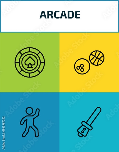 arcade outline icon set. 4 linear vector for ui, web and mobile. thin line poker chip, sports ball, dance, lightsaber icons.