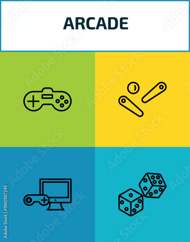 arcade outline icon set. 4 linear vector for ui, web and mobile. thin line video game, pinball, pc game, dices icons.
