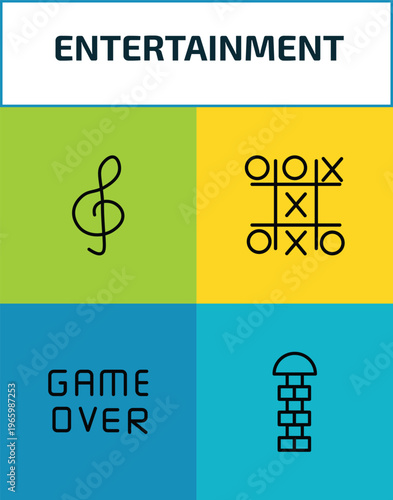entertainment outline icon set. 4 linear vector for ui, web and mobile. thin line g clef, tic tac toe, game over, hopscotch icons.