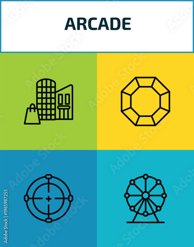arcade outline icon set. 4 linear vector for ui, web and mobile. thin line mall, crystal, shooting game, ferris wheel icons.