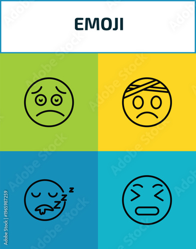 emoji outline icon set. 4 linear vector for ui, web and mobile. thin line worried emoji, injured emoji, sleeping stress icons.