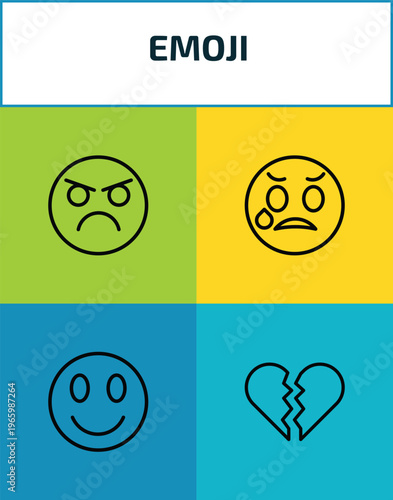 emoji outline icon set. 4 linear vector for ui, web and mobile. thin line pouting emoji, disappointed emoji, broken heart icons.