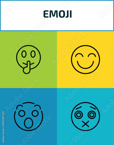 emoji outline icon set. 4 linear vector for ui, web and mobile. thin line shushing emoji, grinning emoji, surprise silent icons.
