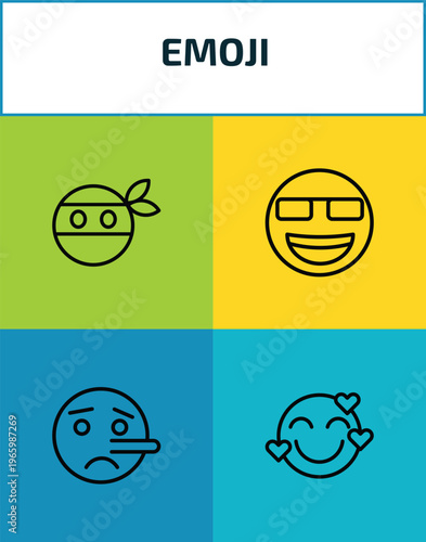 emoji outline icon set. 4 linear vector for ui, web and mobile. thin line ninja emoji, nerd emoji, liar in love icons.