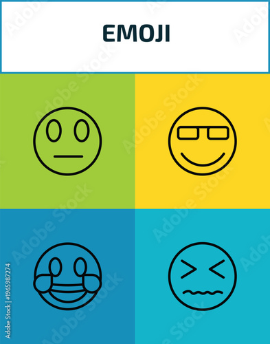 emoji outline icon set. 4 linear vector for ui, web and mobile. thin line suspicious emoji, cool emoji, laugh desperate icons.