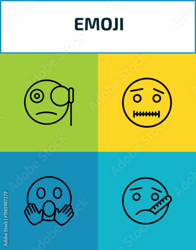 emoji outline icon set. 4 linear vector for ui, web and mobile. thin line monocle emoji, quiet emoji, yelling ill icons.