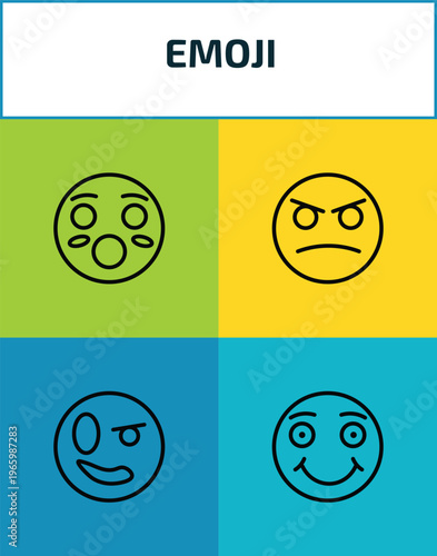 emoji outline icon set. 4 linear vector for ui, web and mobile. thin line hushed emoji, angry emoji, proud smile icons.