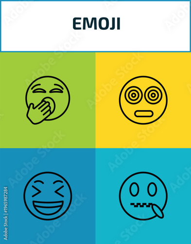 emoji outline icon set. 4 linear vector for ui, web and mobile. thin line yawning emoji, hypnotized emoji, laughing muted icons.