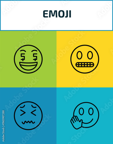 emoji outline icon set. 4 linear vector for ui, web and mobile. thin line rich emoji, nervous emoji, disgusted hello icons.