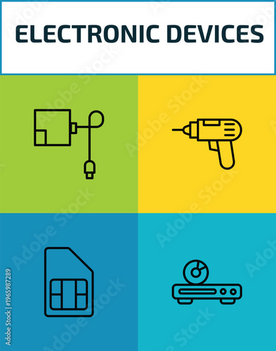 electronic devices outline icon set. 4 linear vector for ui, web and mobile. thin line magsafe, driller, sim, dvd player icons.