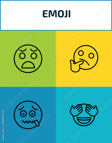 emoji outline icon set. 4 linear vector for ui, web and mobile. thin line anguished emoji, wondering emoji, -mouth shy icons.