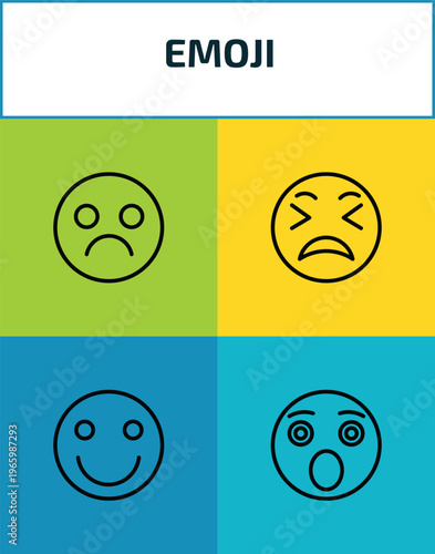 emoji outline icon set. 4 linear vector for ui, web and mobile. thin line sad emoji, exhausted emoji, happy shocked icons.