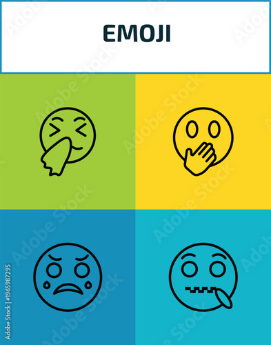 emoji outline icon set. 4 linear vector for ui, web and mobile. thin line sneezing emoji, hand over mouth emoji, crying secret icons.