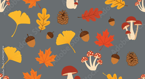 Seamless autumn pattern featuring various colorful leaves mushrooms acorns and pine cones on a grey background.