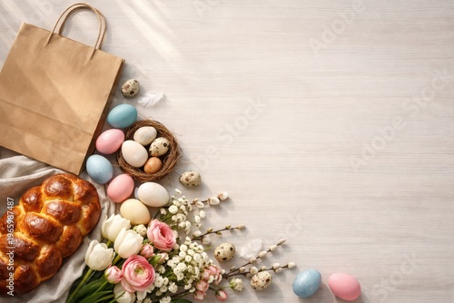 Spring easter arrangement with braided bread, pastel eggs and fresh flowers for seasonal greeting card background
