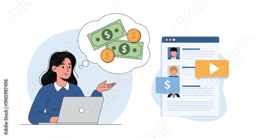 Successful professional woman using a laptop thinking about money with a floating webpage and gold coin icons.