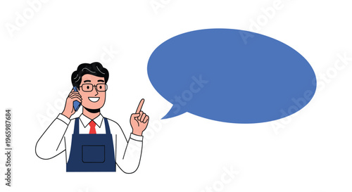 Helpful man in a blue apron on a phone call pointing his finger at a large blue oval speech bubble for copy.