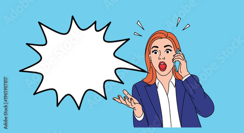 Shocked young businesswoman on a mobile phone call with an open mouth and a large jagged empty speech bubble.