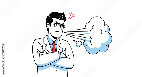 Angry male doctor with arms crossed blowing out a large cloud of white steam representing high pressure.