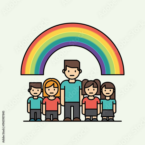 A diverse family standing under a rainbow.