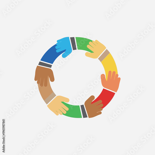 Diverse hands joining in unity circle.