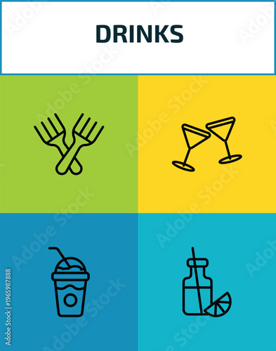 drinks outline icon set. 4 linear vector for ui, web and mobile. thin line forks, toast, frappuccino, juice bottle icons.
