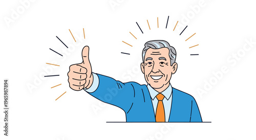 Senior man in blue sweater giving a cheerful thumbs up with radiating lines of positive energy behind him.