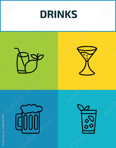 drinks outline icon set. 4 linear vector for ui, web and mobile. thin line lemon juice, flirtini, pint of beer, cuba libre icons.