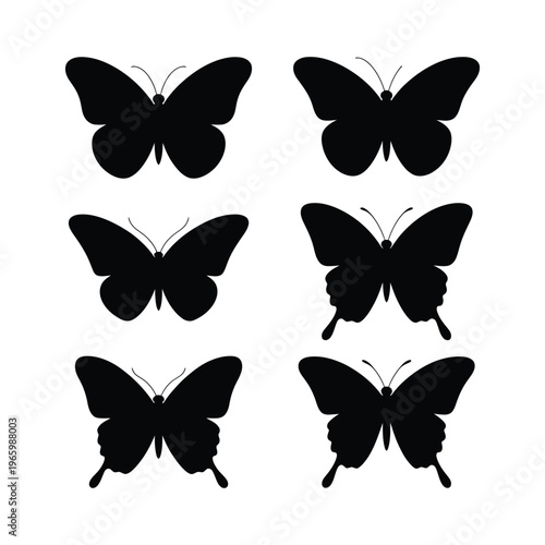 Collection of six distinct black butterfly silhouettes arranged in two columns and three rows