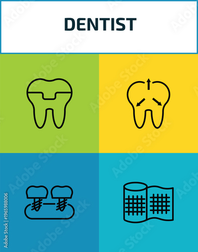 dentist outline icon set. 4 linear vector for ui, web and mobile. thin line molar crown, intraoral, fake tooth, gauze icons.
