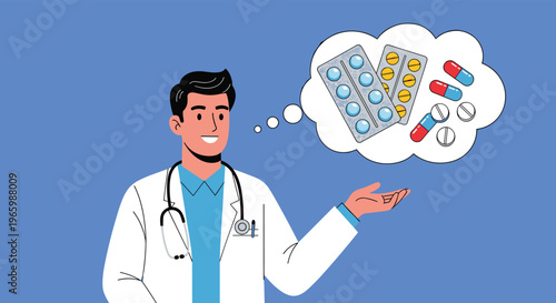 Helpful male doctor presenting a thought bubble filled with various colored medicine pills capsules and tablets.