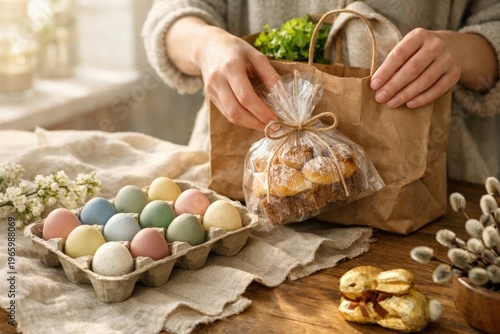 Easter market gift packing scene with hands, pastel eggs and braided bread for seasonal banner and packaging design