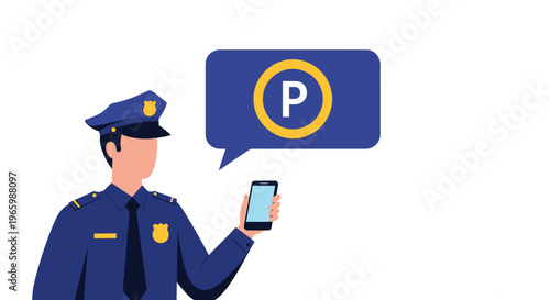 Police officer in uniform holding a smartphone with a parking sign logo inside a large blue speech bubble.