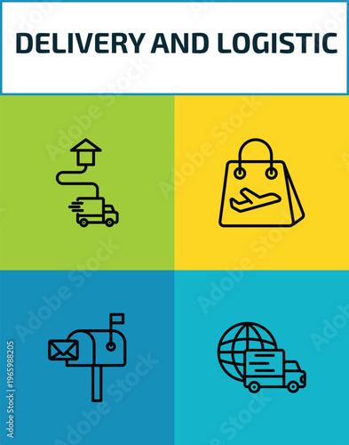 delivery and logistic outline icon set. 4 linear vector for ui, web and mobile. thin line delivery destination, duty free, postbox, worldwide delivery icons.