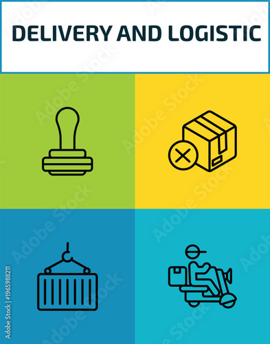 delivery and logistic outline icon set. 4 linear vector for ui, web and mobile. thin line pisco sour, delivery cancelled, container, delivery by motorcycle icons.