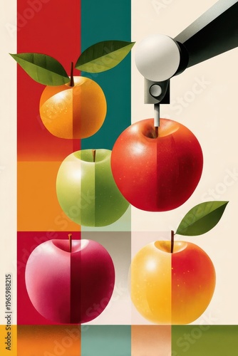 Industrial robot arm picking colorful apples in a modern flat illustration about automation and harvest