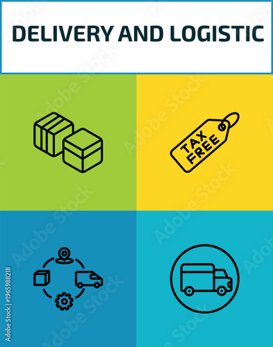 delivery and logistic outline icon set. 4 linear vector for ui, web and mobile. thin line boxes, tax free, supply chain, shipping icons.