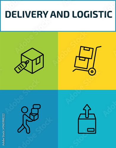 delivery and logistic outline icon set. 4 linear vector for ui, web and mobile. thin line delivery tag, freight, delivery man, unpacking icons.