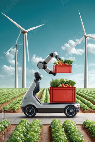 Autonomous robotic harvester loading fresh vegetables into crates on an electric cart at a wind farm