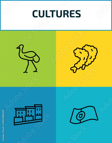 cultures outline icon set. 4 linear vector for ui, web and mobile. thin line australian emu, fried shrimp, bo kaap, portuguese icons.