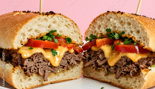 Close-up of a hearty beef sandwich with melted cheese, fresh parsley, and red bell pepper slices in a rustic bread roll. Juicy shredded meat and rich textures create an appetizing and comforting food 