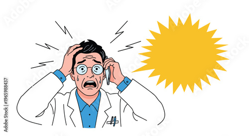 Stressed male doctor in white coat talking on mobile phone with shocked expression and yellow starburst background icon.